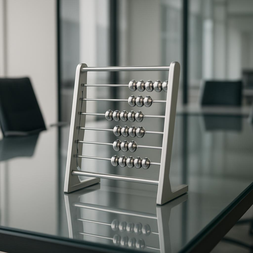 An abacus sits on a reflective surface like glass or metal. In the back and left side of the photograph, a modern office s...